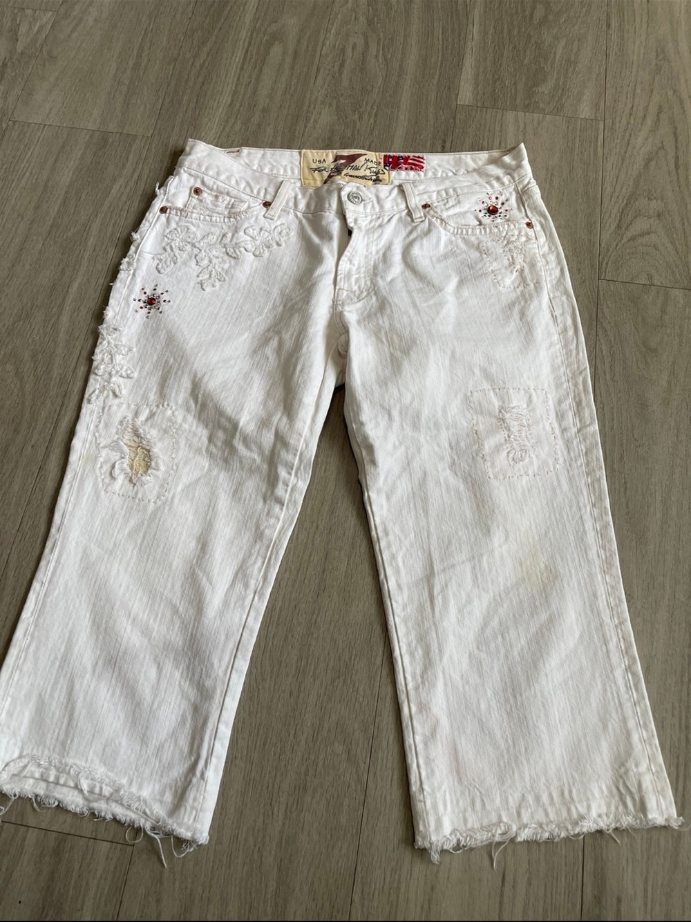 7 For All Mankind White Jeans with Red and Silver Stud Accents